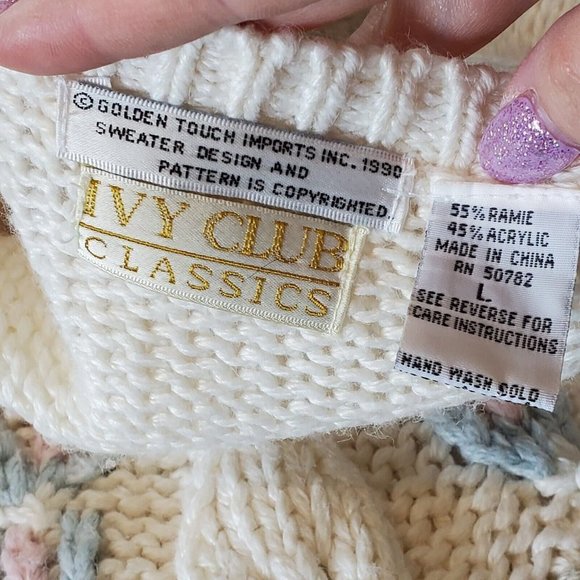 Vintage 80s Handknit White Pulliver Sweater Textured Pastel Sz M/L Cottage Core - Picture 6 of 9